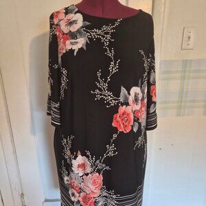 Black Dress with Coral and White Floral Details and Border